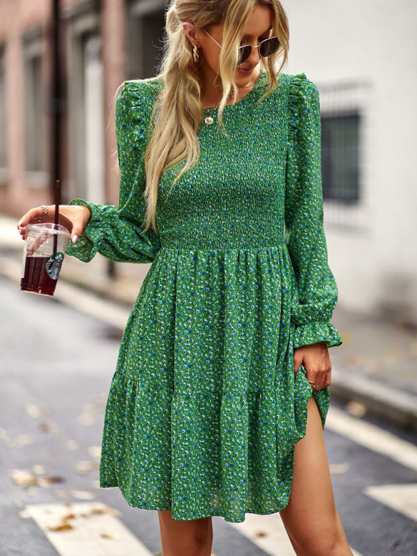 Dresses- Floral Print Mini Dress with Puff Sleeves and Tiered Skirt- - Pekosa Women Clothing