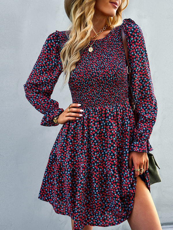 Dresses- Floral Print Mini Dress with Puff Sleeves and Tiered Skirt- - Pekosa Women Clothing