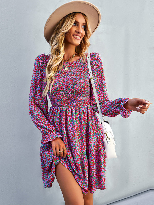 Dresses- Floral Print Mini Dress with Puff Sleeves and Tiered Skirt- - Pekosa Women Clothing