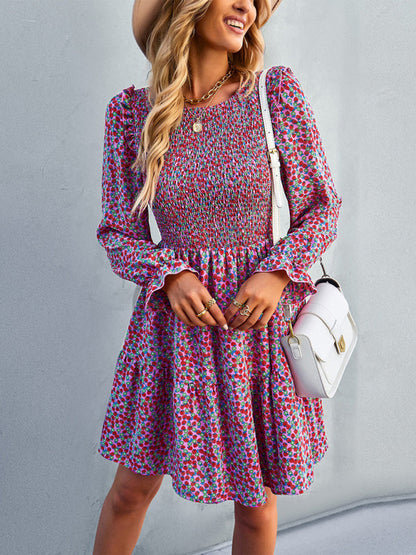 Dresses- Floral Print Mini Dress with Puff Sleeves and Tiered Skirt- - Pekosa Women Clothing