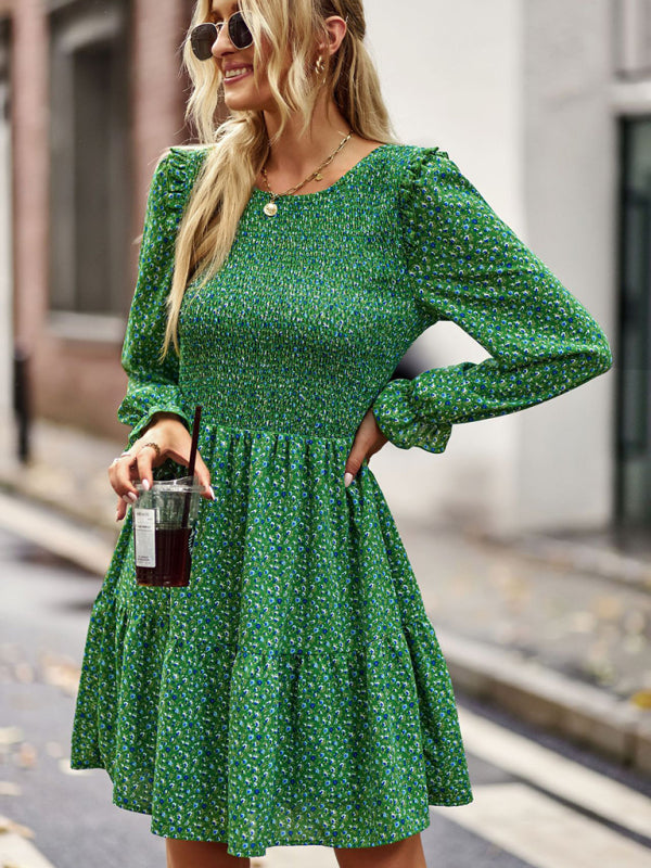 Dresses- Floral Print Mini Dress with Puff Sleeves and Tiered Skirt- - Pekosa Women Clothing