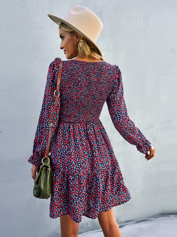 Dresses- Floral Print Mini Dress with Puff Sleeves and Tiered Skirt- - Pekosa Women Clothing