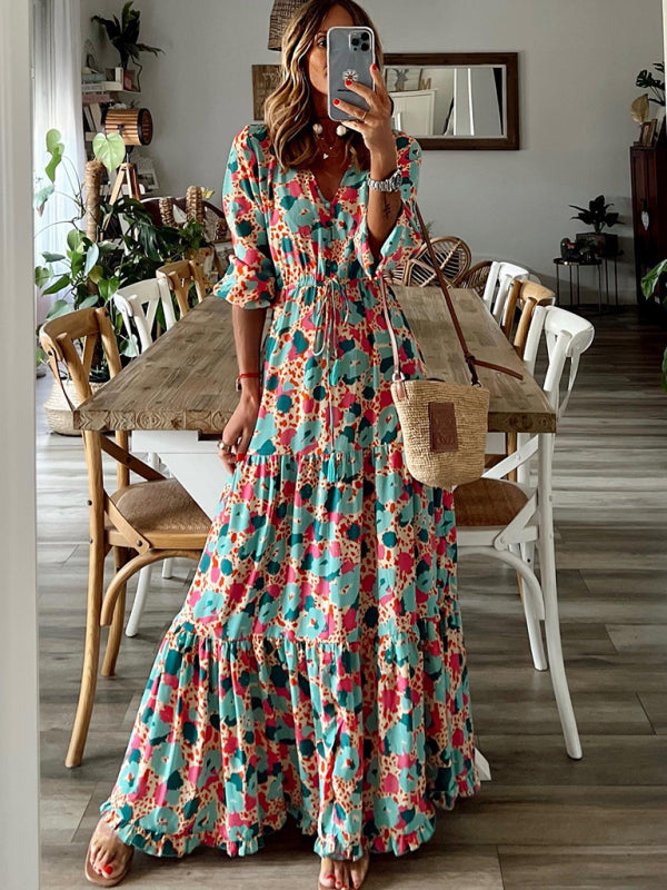 Dresses- Floral Tiered Ruffles Puff Sleeve Waist Tie Maxi Dress- - Pekosa Women Clothing