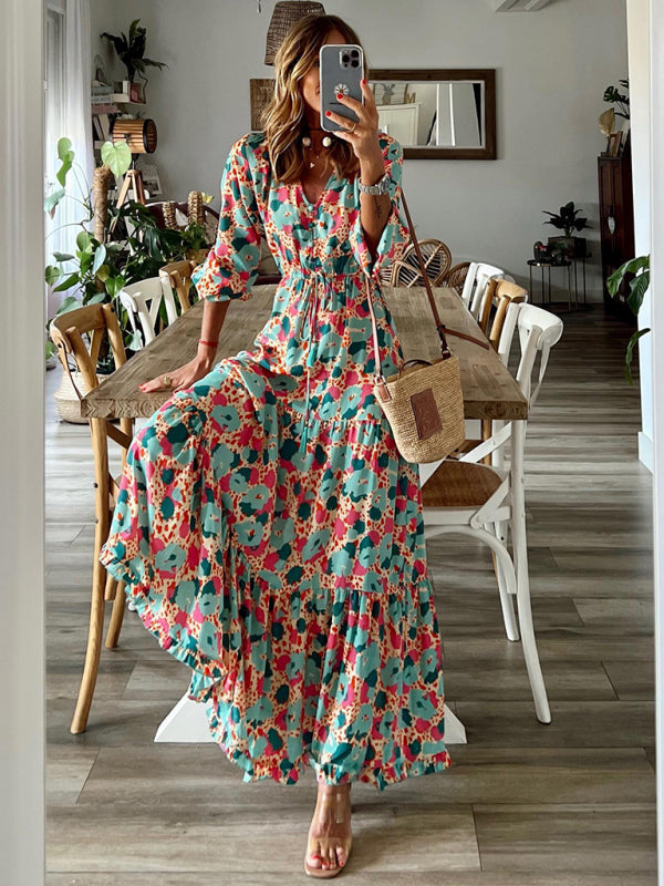 Dresses- Floral Tiered Ruffles Puff Sleeve Waist Tie Maxi Dress- - Pekosa Women Clothing