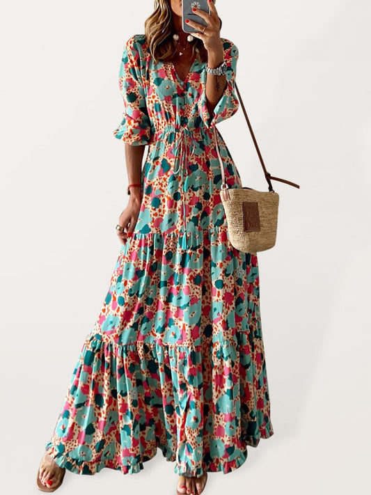 Dresses- Floral Tiered Ruffles Puff Sleeve Waist Tie Maxi Dress- Blue- Pekosa Women Clothing