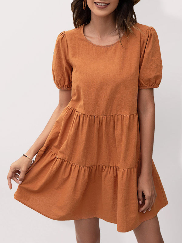 Dresses- Losse A-line Tiered Puff Sleeve Mini dress- Orange- Pekosa Women Clothing