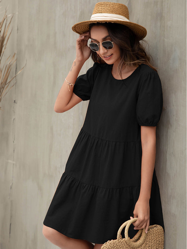 Dresses- Losse A-line Tiered Puff Sleeve Mini dress- - Pekosa Women Clothing