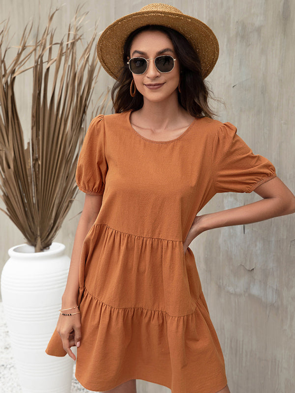 Dresses- Losse A-line Tiered Puff Sleeve Mini dress- - Pekosa Women Clothing