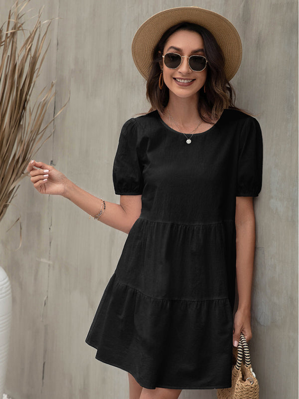 Dresses- Losse A-line Tiered Puff Sleeve Mini dress- Black- Pekosa Women Clothing