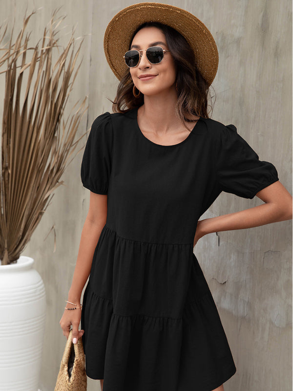 Dresses- Losse A-line Tiered Puff Sleeve Mini dress- - Pekosa Women Clothing