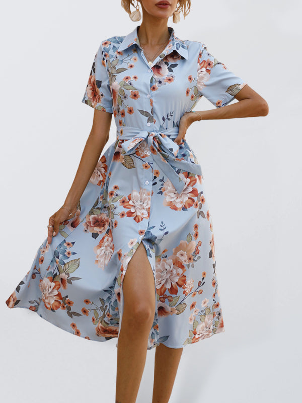 Dresses- Printed V-neck lantern long-sleeved loose casual shirt - Midi dress- Blue- Pekosa Women Clothing