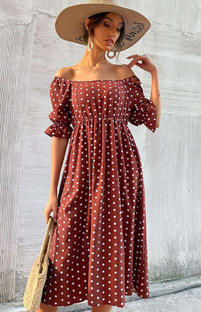 Dresses- Puff-Sleeved Polka Dot Empire Midi Dress with Gathered Waist- - Pekosa Women Clothing