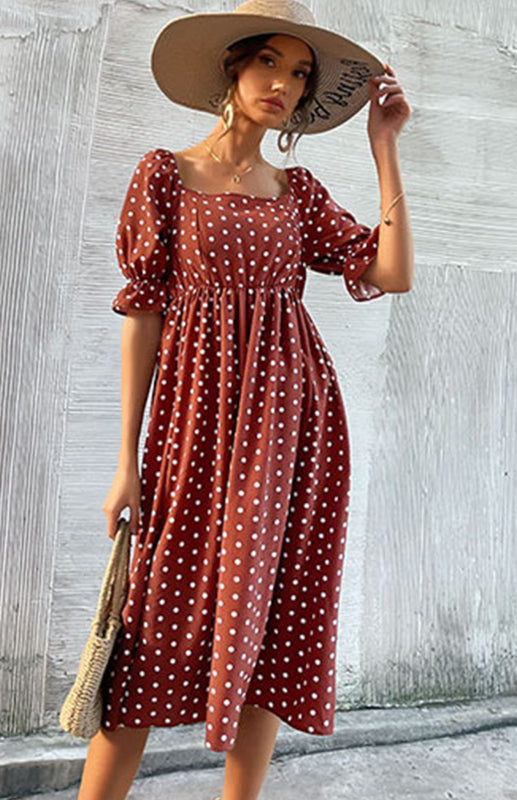 Dresses- Puff-Sleeved Polka Dot Empire Midi Dress with Gathered Waist- - Pekosa Women Clothing