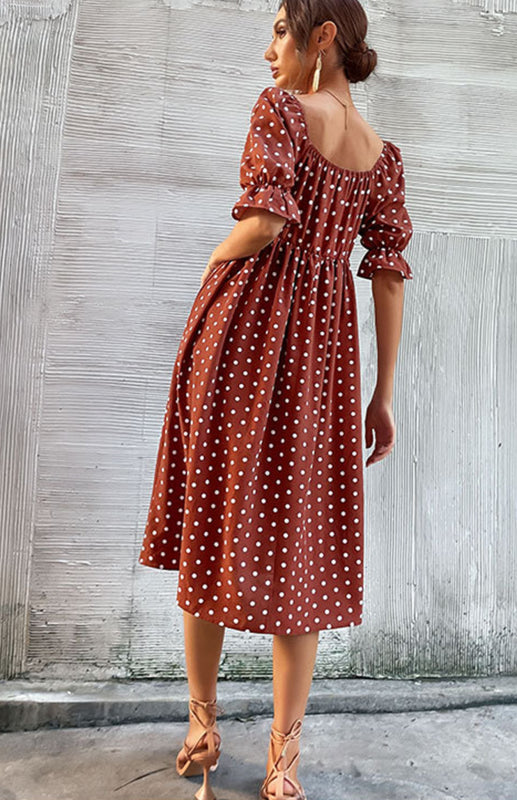 Dresses- Puff-Sleeved Polka Dot Empire Midi Dress with Gathered Waist- - Pekosa Women Clothing