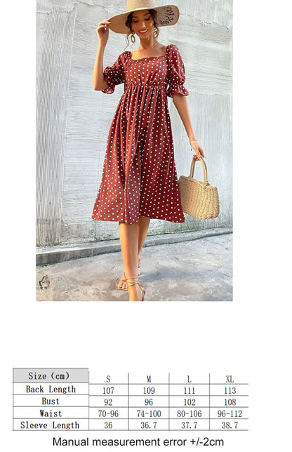 Dresses- Puff-Sleeved Polka Dot Empire Midi Dress with Gathered Waist- - Pekosa Women Clothing