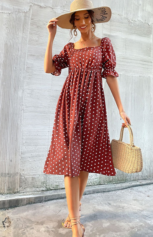 Dresses- Puff-Sleeved Polka Dot Empire Midi Dress with Gathered Waist- - Pekosa Women Clothing