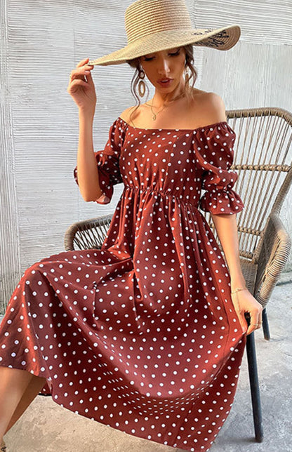 Dresses- Puff-Sleeved Polka Dot Empire Midi Dress with Gathered Waist- - Pekosa Women Clothing