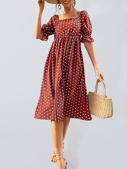 Dresses- Puff-Sleeved Polka Dot Empire Midi Dress with Gathered Waist- Brick red- Pekosa Women Clothing