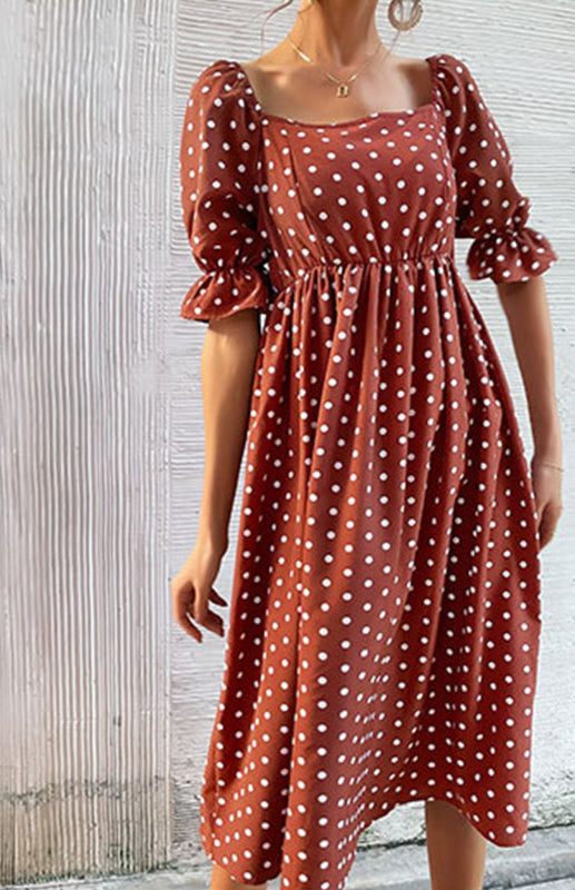 Dresses- Puff-Sleeved Polka Dot Empire Midi Dress with Gathered Waist- - Pekosa Women Clothing