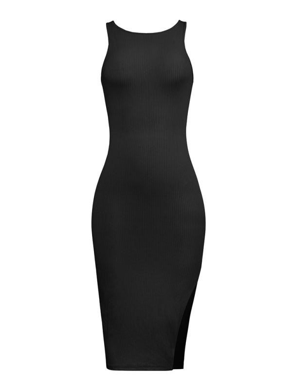 Dresses- Ribbed Reversible Sleeveless Bodycon Midi Dress- - Pekosa Women Clothing