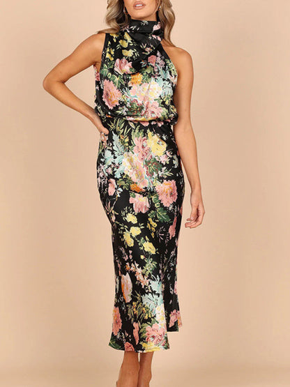 Dresses- Satin Floral Maxi Dress Will Make You Shine!- Suit 5- Pekosa Women Clothing