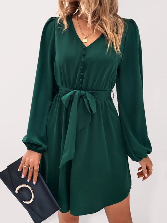 Dresses- Solid A-Line Long Sleeve Waist Tie Mini Dress- Dark green- Pekosa Women Clothing
