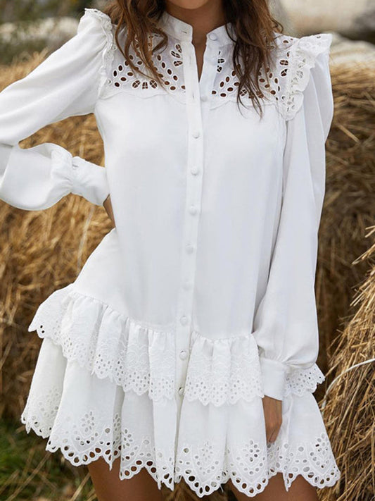 Dresses- Solid Guipure Lace Accents Button Long Sleeve Ruffle Dress- White- Pekosa Women Clothing