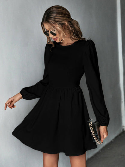 Dresses- Solid Lace-up Back Mini Dress with Puff Long Sleeve- - Pekosa Women Clothing