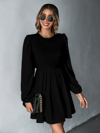 Dresses- Solid Lace-up Back Mini Dress with Puff Long Sleeve- Black- Pekosa Women Clothing