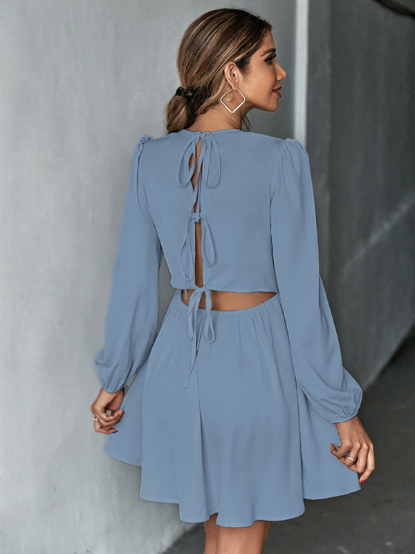 Dresses- Solid Lace-up Back Mini Dress with Puff Long Sleeve- - Pekosa Women Clothing