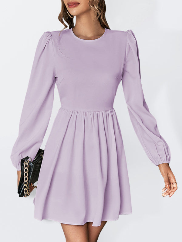 Dresses- Solid Lace-up Back Mini Dress with Puff Long Sleeve- Lavender- Pekosa Women Clothing