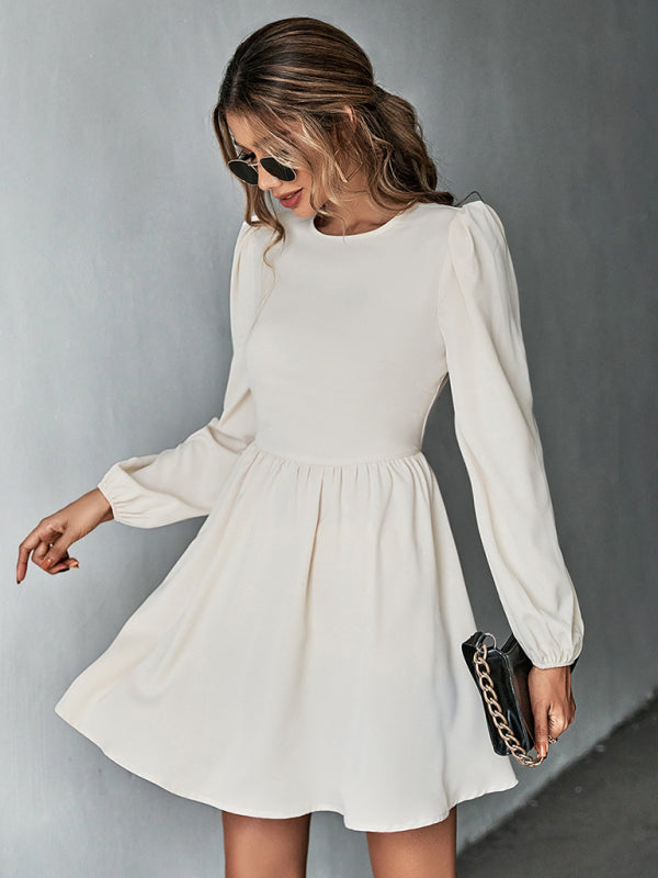 Dresses- Solid Lace-up Back Mini Dress with Puff Long Sleeve- - Pekosa Women Clothing