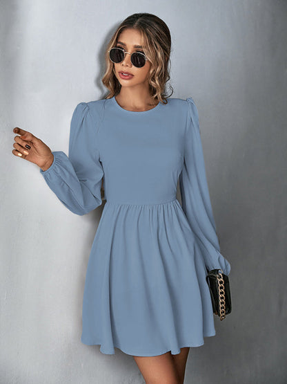 Dresses- Solid Lace-up Back Mini Dress with Puff Long Sleeve- Blue- Pekosa Women Clothing