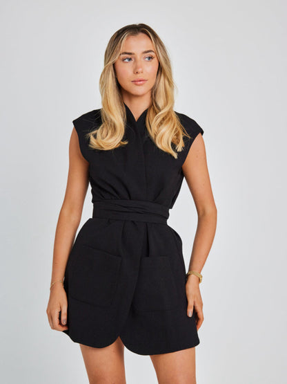 Dresses- Solid Sleeveless Wrap Belt Tie Mini Dress- - Pekosa Women Clothing