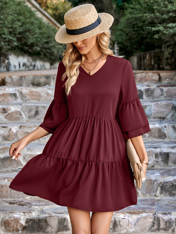 Dresses- Solid Tiered Ruffle Flowy V-neck Mini Dress- - Pekosa Women Clothing