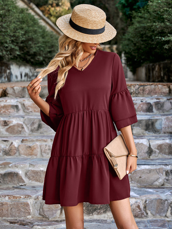 Dresses- Solid Tiered Ruffle Flowy V-neck Mini Dress- Wine Red- Pekosa Women Clothing