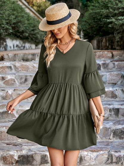 Dresses- Solid Tiered Ruffle Flowy V-neck Mini Dress- Green Olive- Pekosa Women Clothing