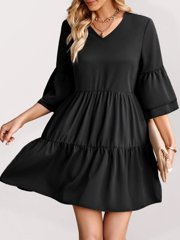 Dresses- Solid Tiered Ruffle Flowy V-neck Mini Dress- Black- Pekosa Women Clothing