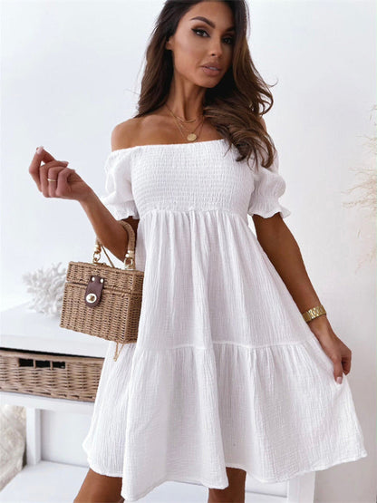 Dresses- Summer Textured Smocked Off-Shoulder Tiered Dress- White- Pekosa Women Clothing