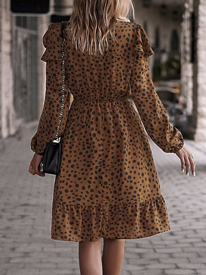 Dresses- V-Neck A-Line Midi Dress in Leopard Print with Gathered Waist and Long Sleeves- - Pekosa Women Clothing