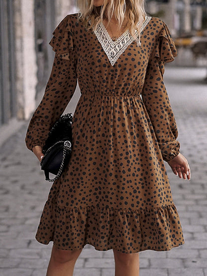 Dresses- V-Neck A-Line Midi Dress in Leopard Print with Gathered Waist and Long Sleeves- Khaki- Pekosa Women Clothing