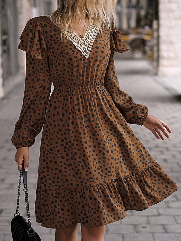 Dresses- V-Neck A-Line Midi Dress in Leopard Print with Gathered Waist and Long Sleeves- - Pekosa Women Clothing