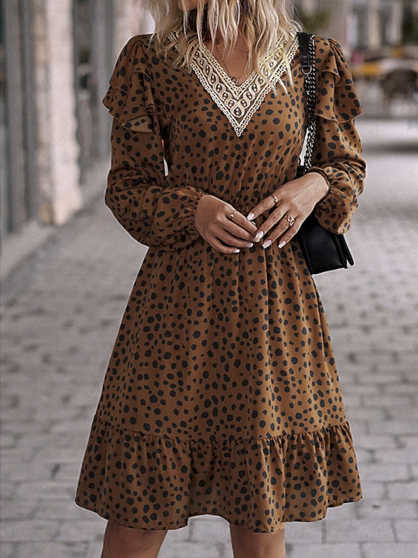 Dresses- V-Neck A-Line Midi Dress in Leopard Print with Gathered Waist and Long Sleeves- - Pekosa Women Clothing
