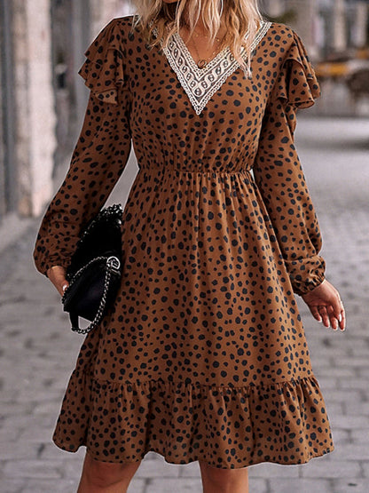 Dresses- V-Neck A-Line Midi Dress in Leopard Print with Gathered Waist and Long Sleeves- - Pekosa Women Clothing