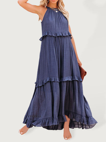 Dresses- Vacation Solid A-Line Tiered Ruffle Halter Maxi Dress- Navy blue- Pekosa Women Clothing