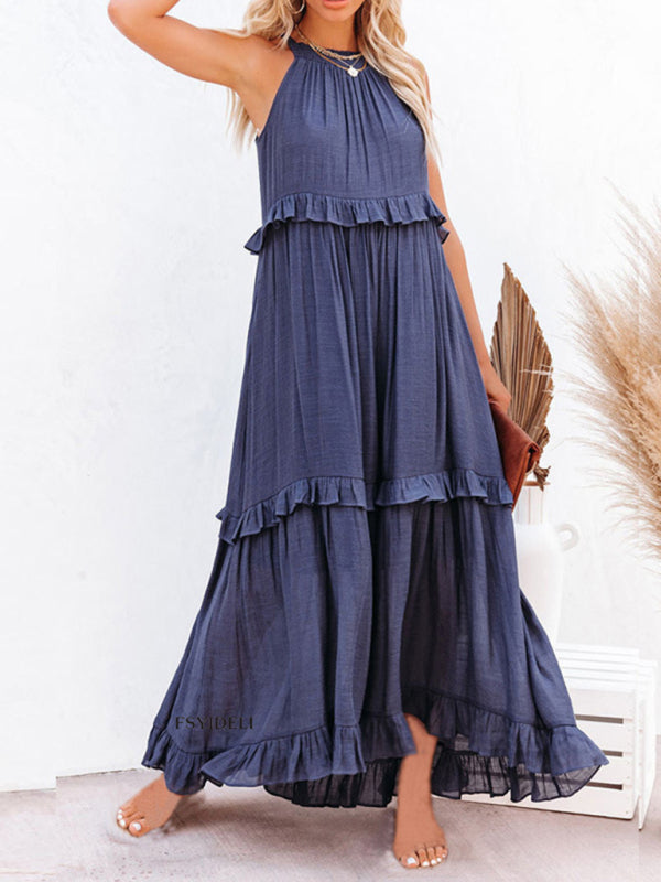 Dresses- Vacation Solid A-Line Tiered Ruffle Halter Maxi Dress- - Pekosa Women Clothing