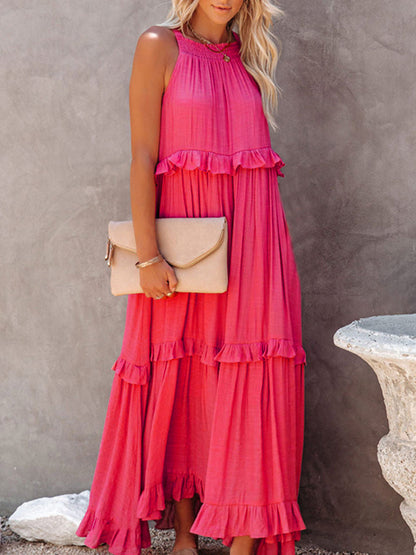 Dresses- Vacation Solid A-Line Tiered Ruffle Halter Maxi Dress- - Pekosa Women Clothing