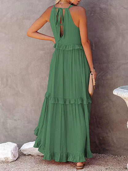 Dresses- Vacation Solid A-Line Tiered Ruffle Halter Maxi Dress- - Pekosa Women Clothing