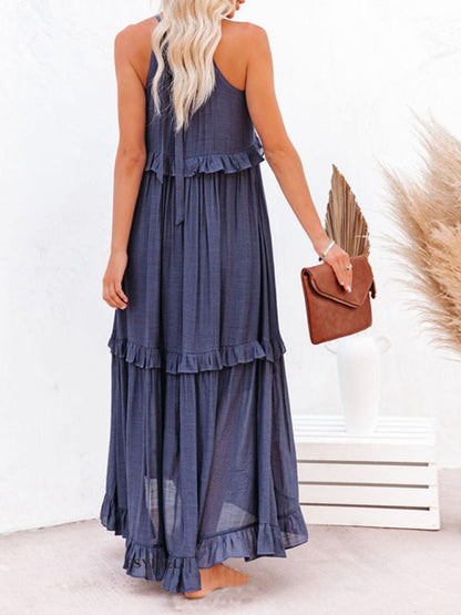 Dresses- Vacation Solid A-Line Tiered Ruffle Halter Maxi Dress- - Pekosa Women Clothing