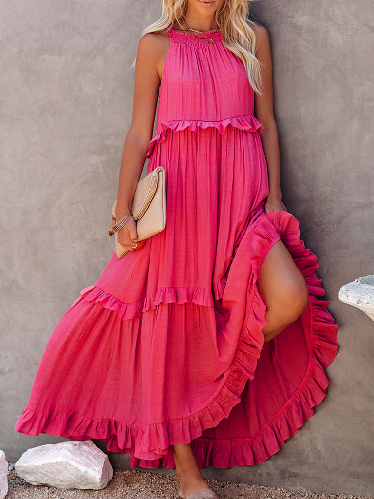 Dresses- Vacation Solid A-Line Tiered Ruffle Halter Maxi Dress- Pink- Pekosa Women Clothing